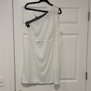 White Sparkly Sequined One-Shoulder Dress with Bead Detailing on the Shoulder